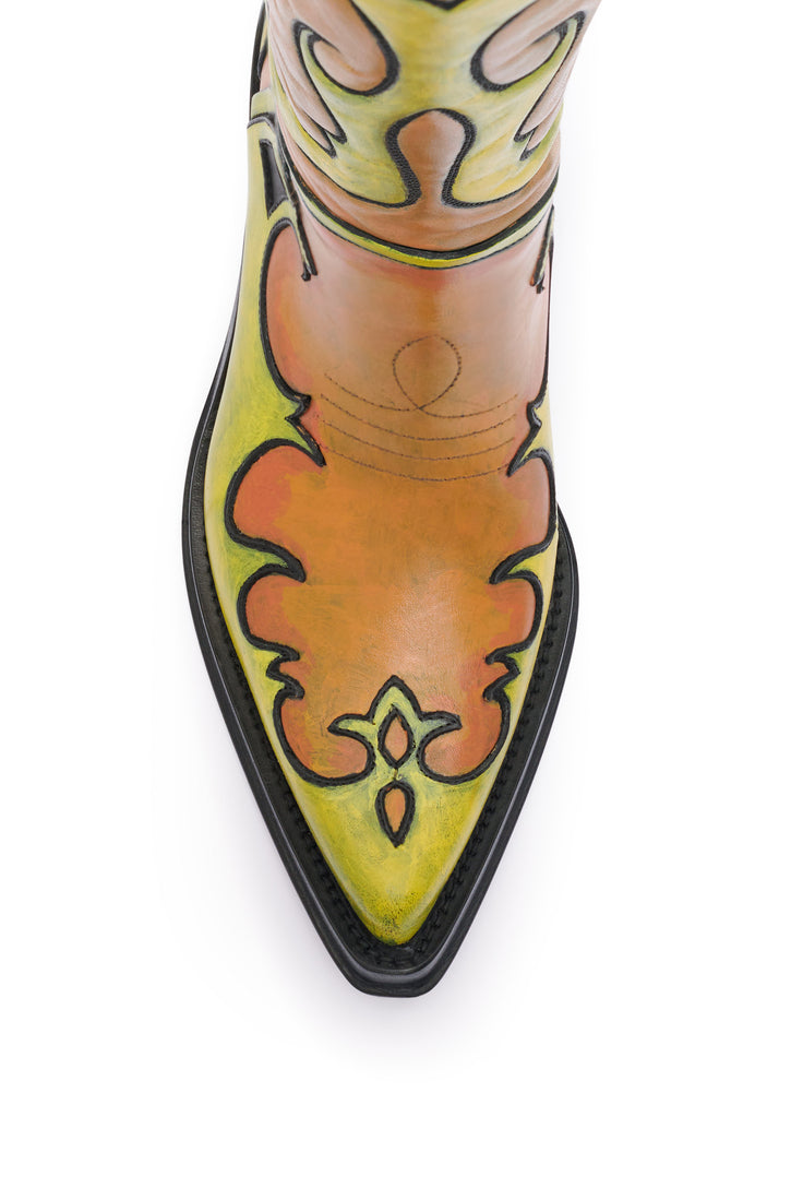 Hand Painted Capitana Coeboy Boot in Orange & Yellow Leather