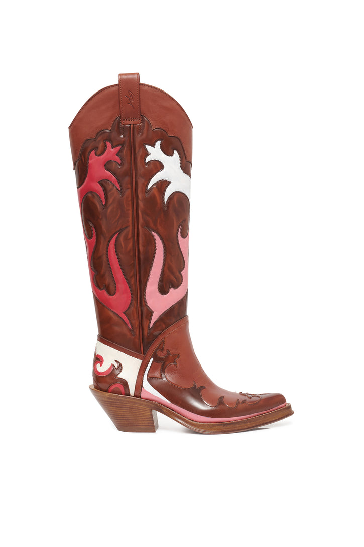Hand Painted Capitana Cowboy Boot in Cognac, Pink & White Leather