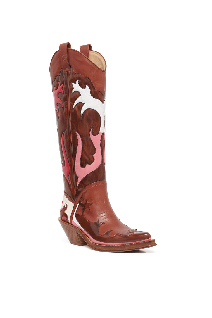 Hand Painted Capitana Cowboy Boot in Cognac, Pink & White Leather