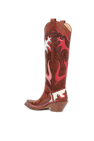 Hand Painted Capitana Cowboy Boot in Cognac, Pink & White Leather
