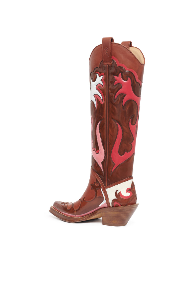 Hand Painted Capitana Cowboy Boot in Cognac, Pink & White Leather