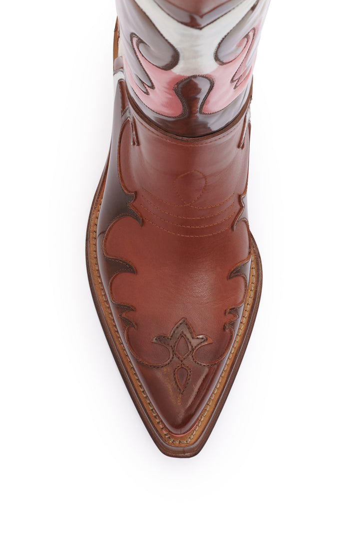 Hand Painted Capitana Cowboy Boot in Cognac, Pink & White Leather