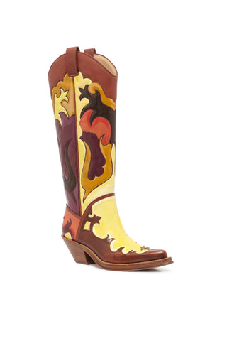 Hand Painted Capitana Cowboy Boot in Yellow Multi Leather