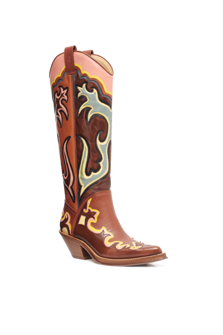 Hand Painted Capitana Cowboy Boot in Peach Multi Leather