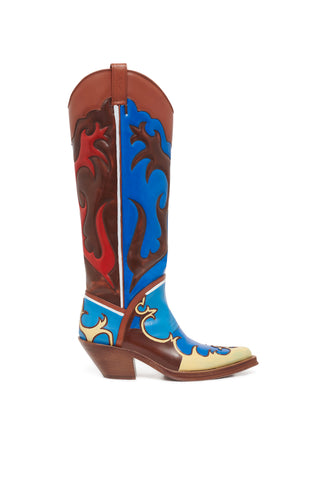 Hand Painted Capitana Cowboy Boot in Red, Blue & Cognac Leather
