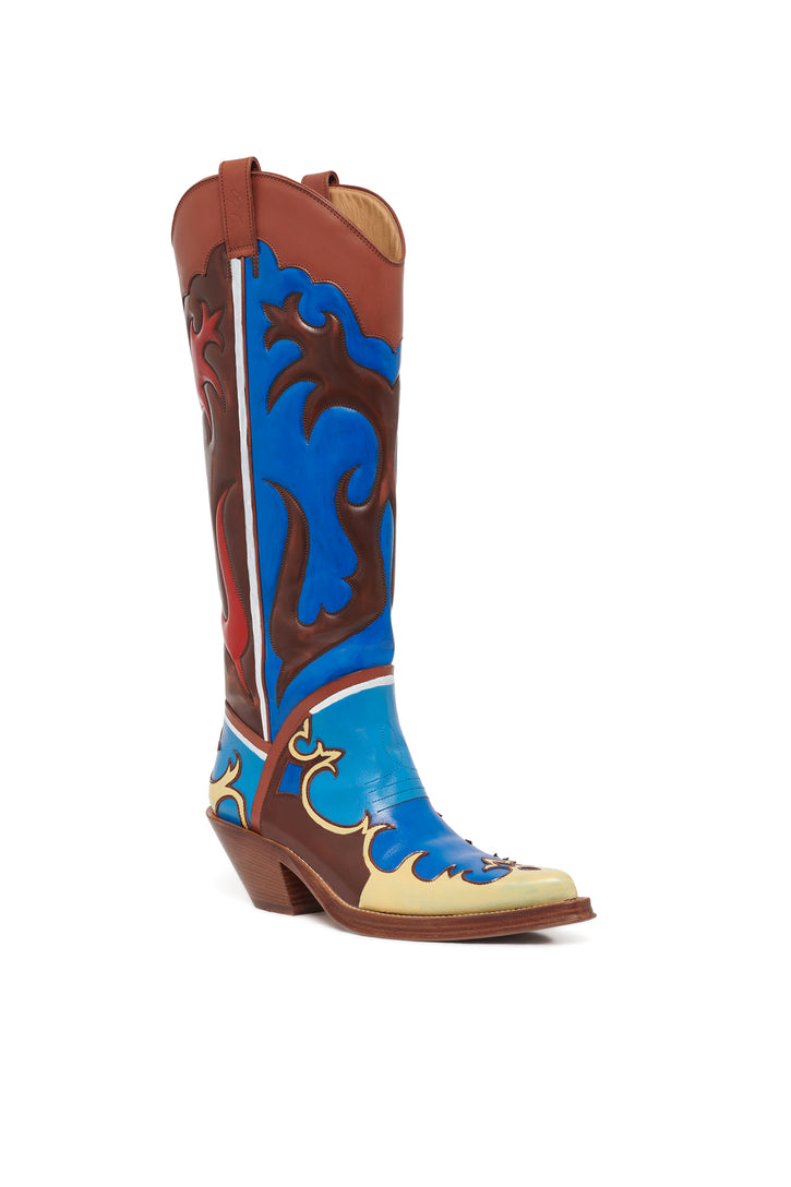 Hand Painted Capitana Cowboy Boot in Red, Blue & Cognac Leather