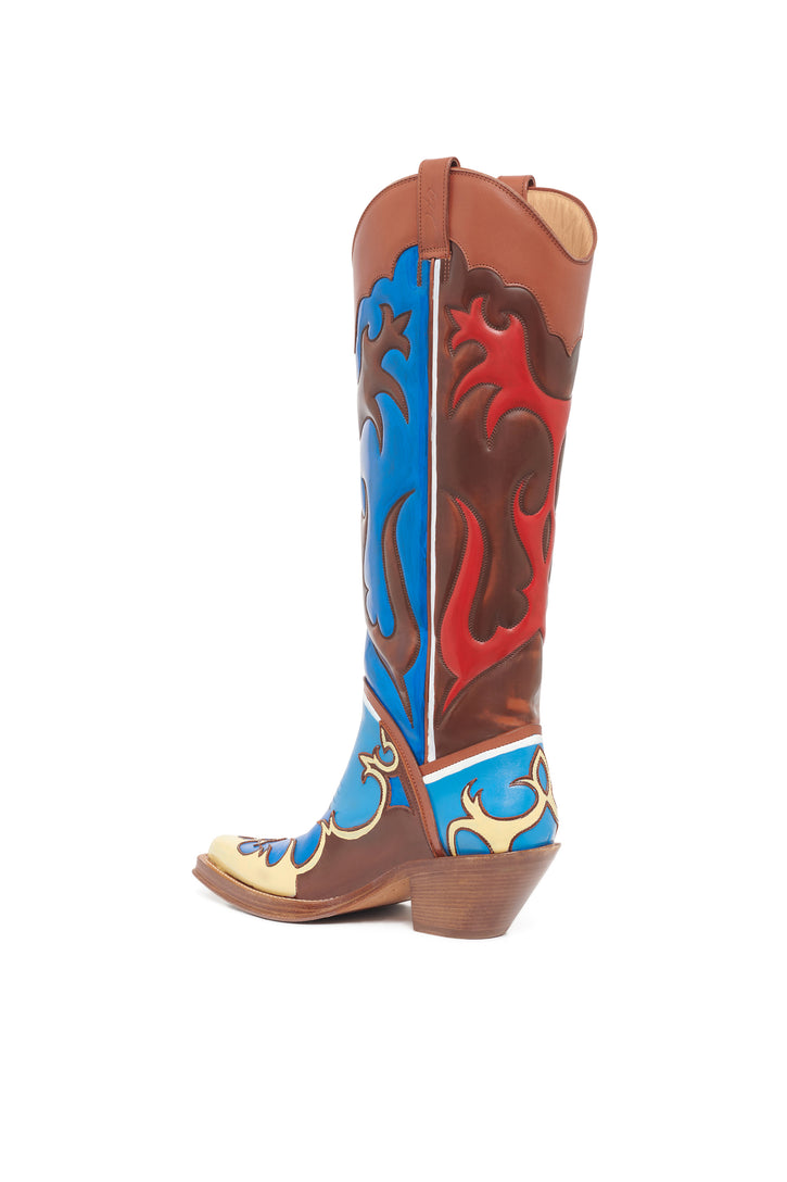 Hand Painted Capitana Cowboy Boot in Red, Blue & Cognac Leather