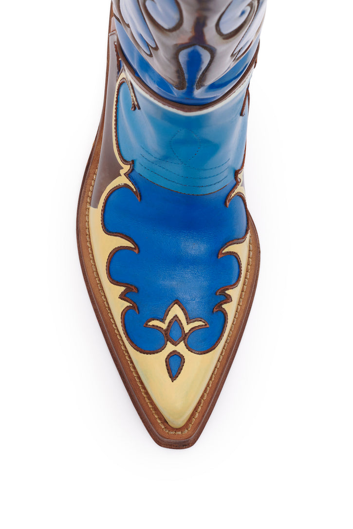 Hand Painted Capitana Cowboy Boot in Red, Blue & Cognac Leather