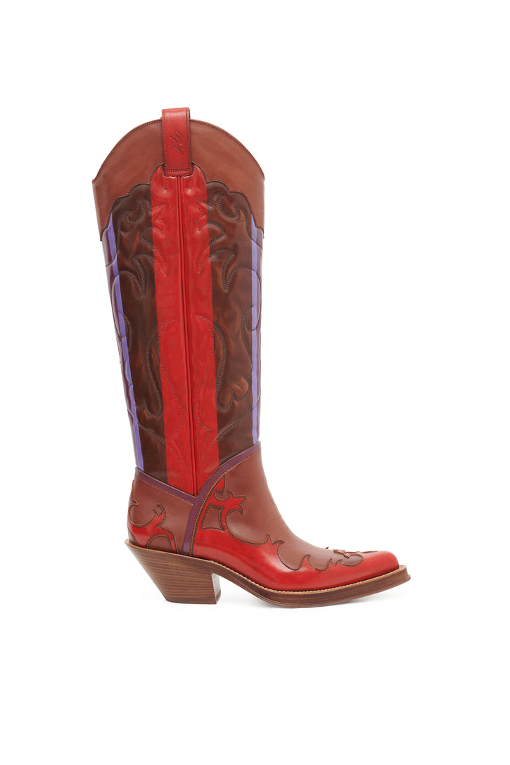 Hand Painted Capitana Cowboy Boot in Cognac Red & Purple Leather