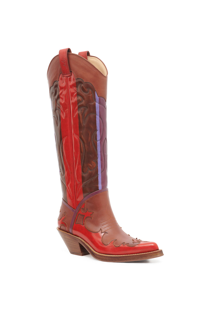Hand Painted Capitana Cowboy Boot in Cognac Red & Purple Leather