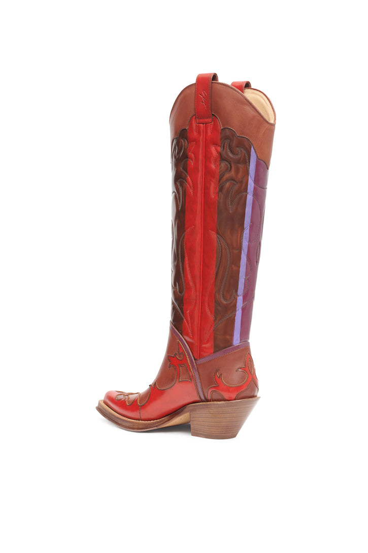 Hand Painted Capitana Cowboy Boot in Cognac Red & Purple Leather
