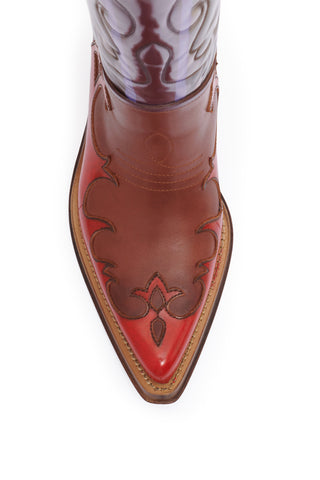 Hand Painted Capitana Cowboy Boot in Cognac, Red & Purple Leather