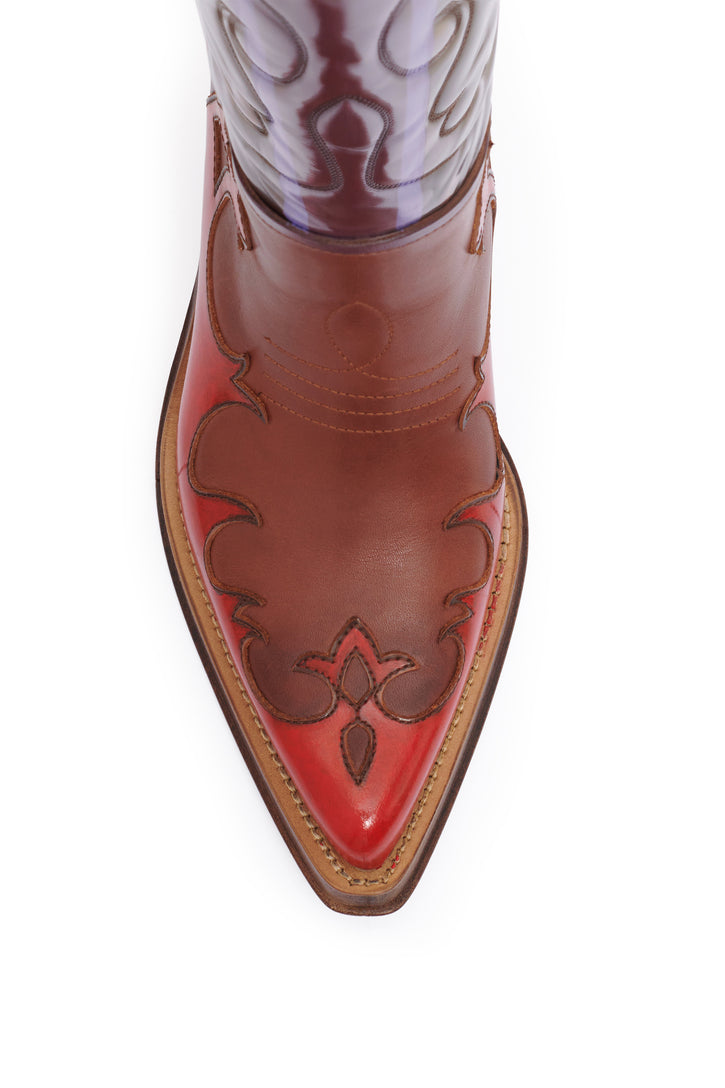 Hand Painted Capitana Cowboy Boot in Cognac Red & Purple Leather