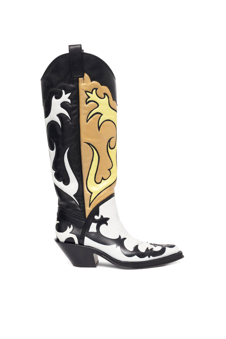 Hand Painted Capitana Cowboy Boot in Black, White & Yellow Leather