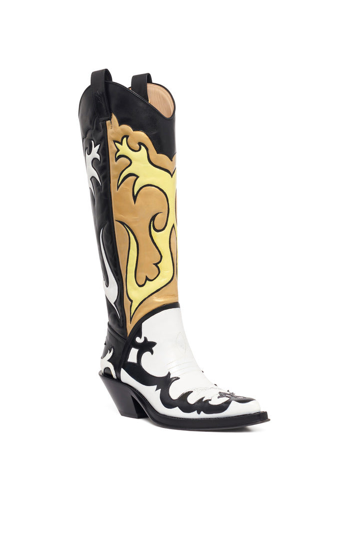 Hand Painted Capitana Cowboy Boot in Black, White & Yellow Leather