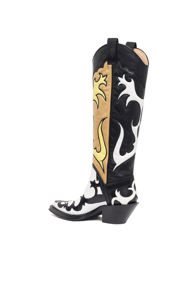 Hand Painted Capitana Cowboy Boot in Black, White & Yellow Leather