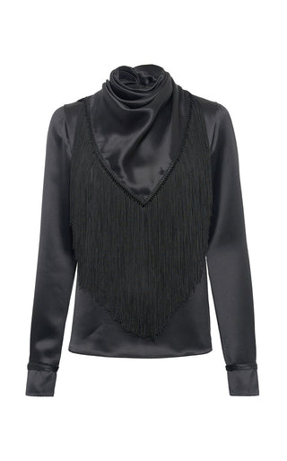 Black Silk Satin Anderson Fringe Scarf Top - Front View | Gabriela Hearst