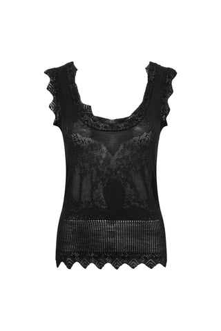 Scripta Pointelle Knit Lace Tank Top in Black Merino Wool