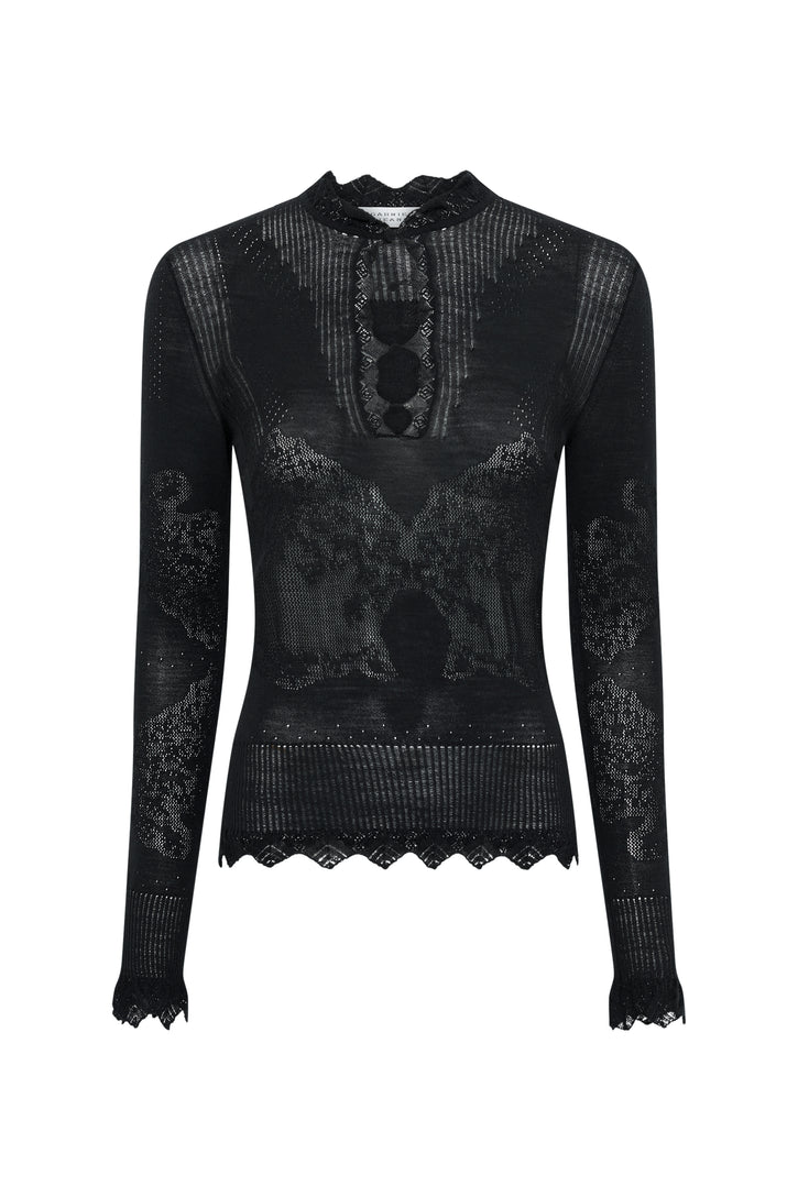 Severn Knit Henley in Black Merino Wool Lace