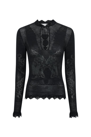 Severn Pointelle Knit Lace Henley in Black Merino Wool