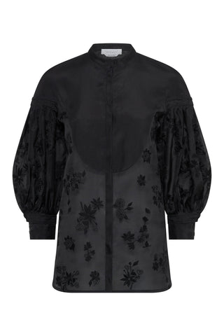 Black Silk Organza Sofia Mia's Flowers Blouse - Flat Lay Front View | Gabriela Hearst