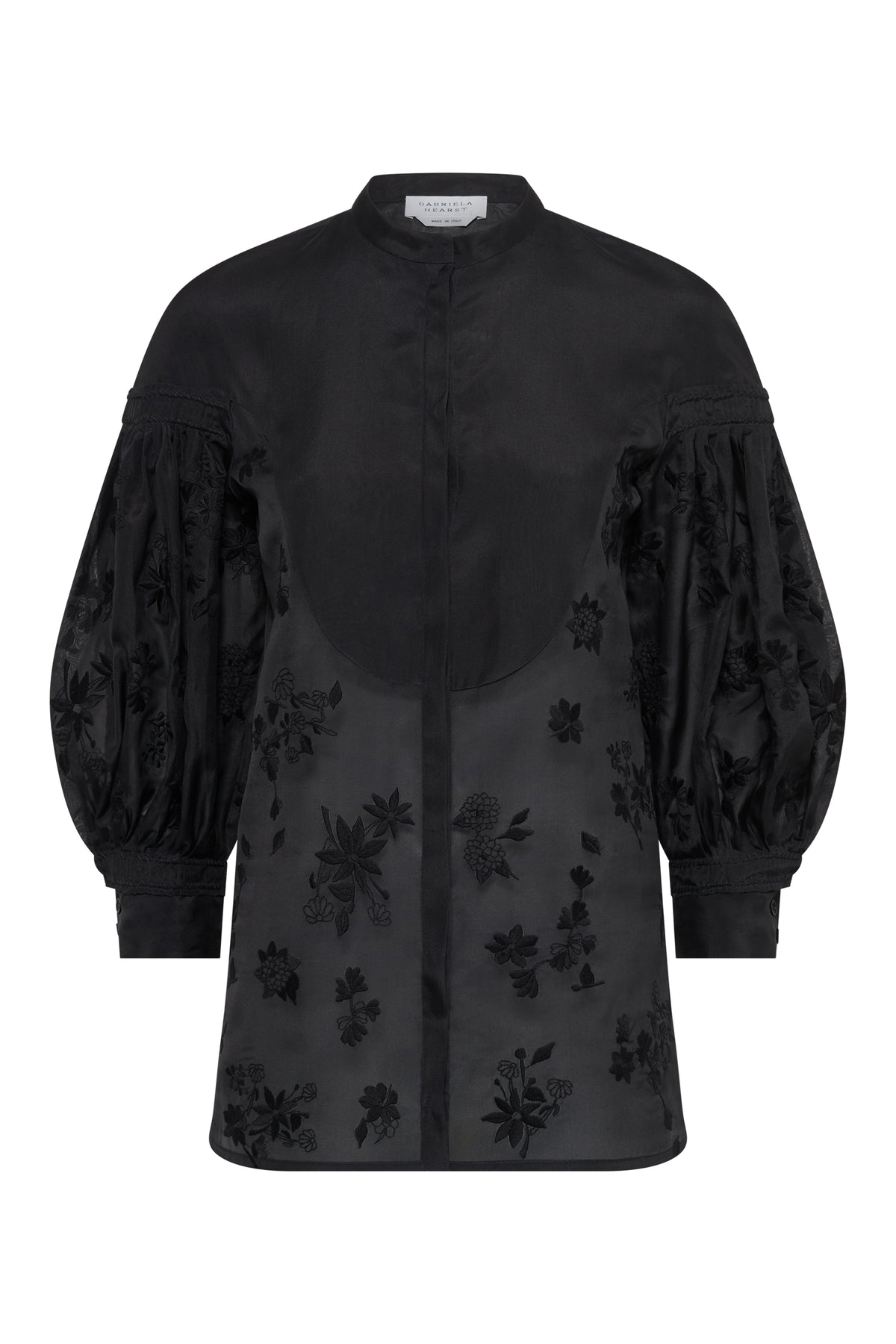 Sofia Blouse In Black Silk Organza Mia's Flowers Print