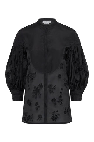 Sofia Blouse In Black Silk Organza Mia's Flowers Print