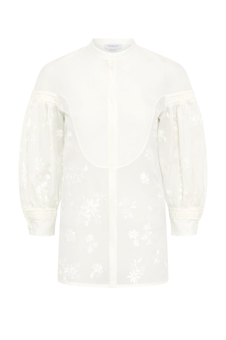 Sofia Mia's Flowers Blouse in Ivory Embroidered Silk Organza