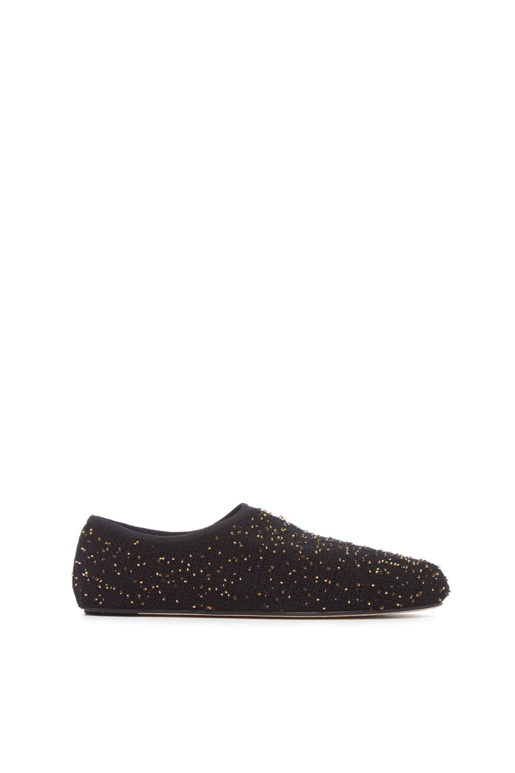 Callie Knit Ballerina Flat Shoe in Black & Gold Beaded Cashmere