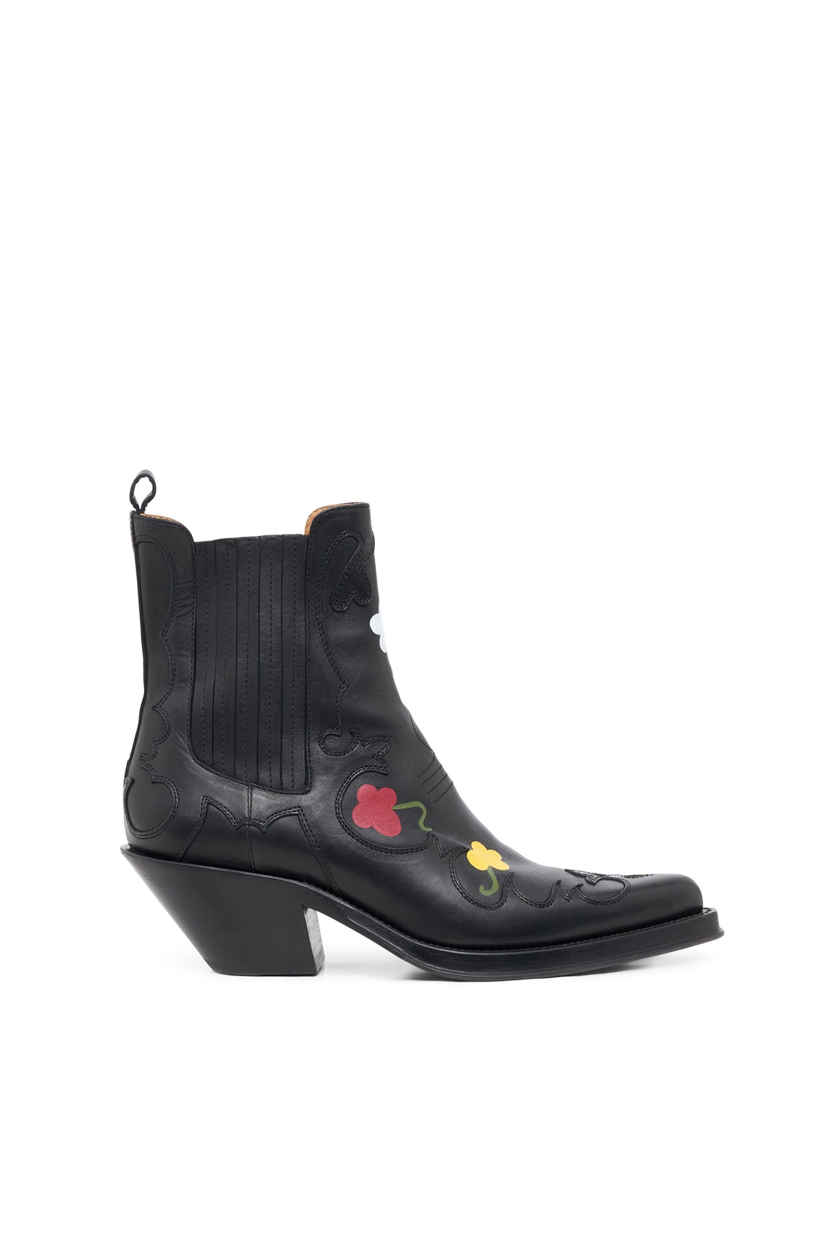 Cassidy Hand Painted Cowboy Ankle Boot in Black Leather with Floral Motif