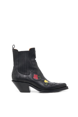 Cassidy Hand Painted Cowboy Ankle Boot in Black Leather with Floral Motif