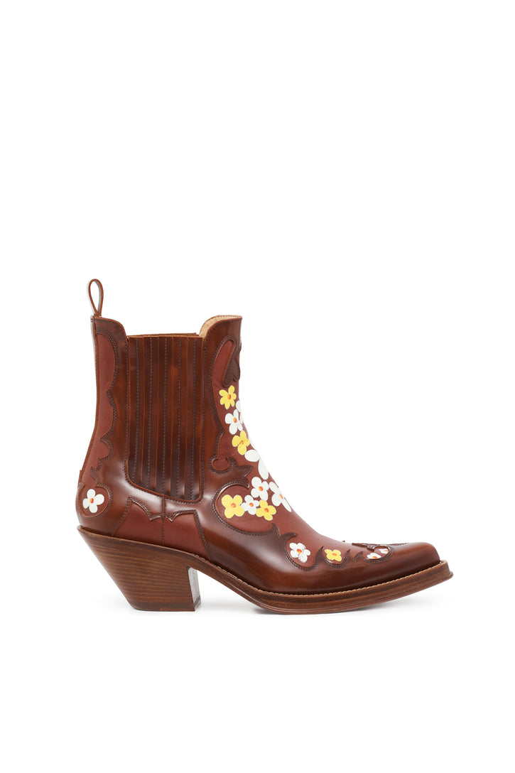 Hand Painted Cassidy Cowboy Ankle Boot in Cognac, Yellow & White Floral Leather