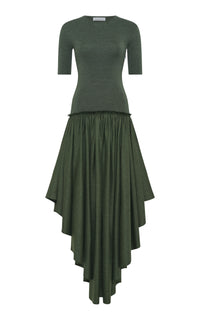 Sirona Pleated Maxi Dress in Olive Virgin Wool Silk Linen