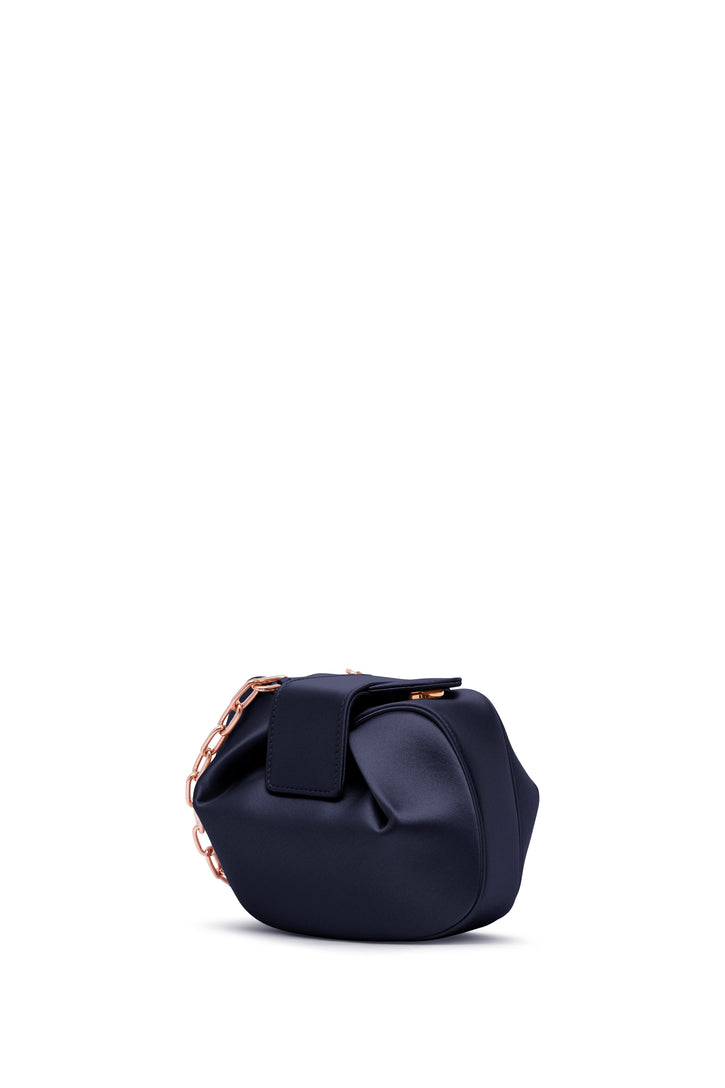 Soft Demi Clutch with Chain in Dark Navy Satin
