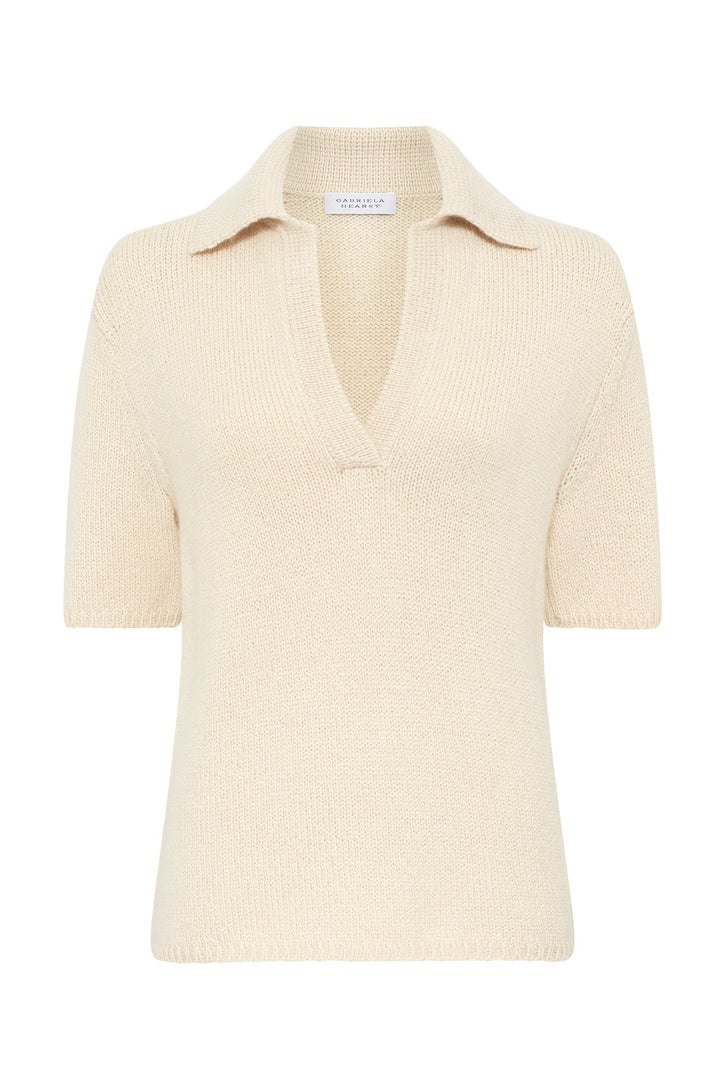 Sohan Knit Short Sleeve Polo in Off White Cashmere
