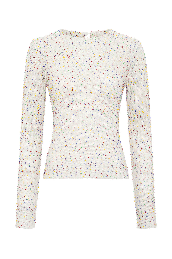 Nello Knit Sweater in Ivory Multi Beaded Cashmere Silk