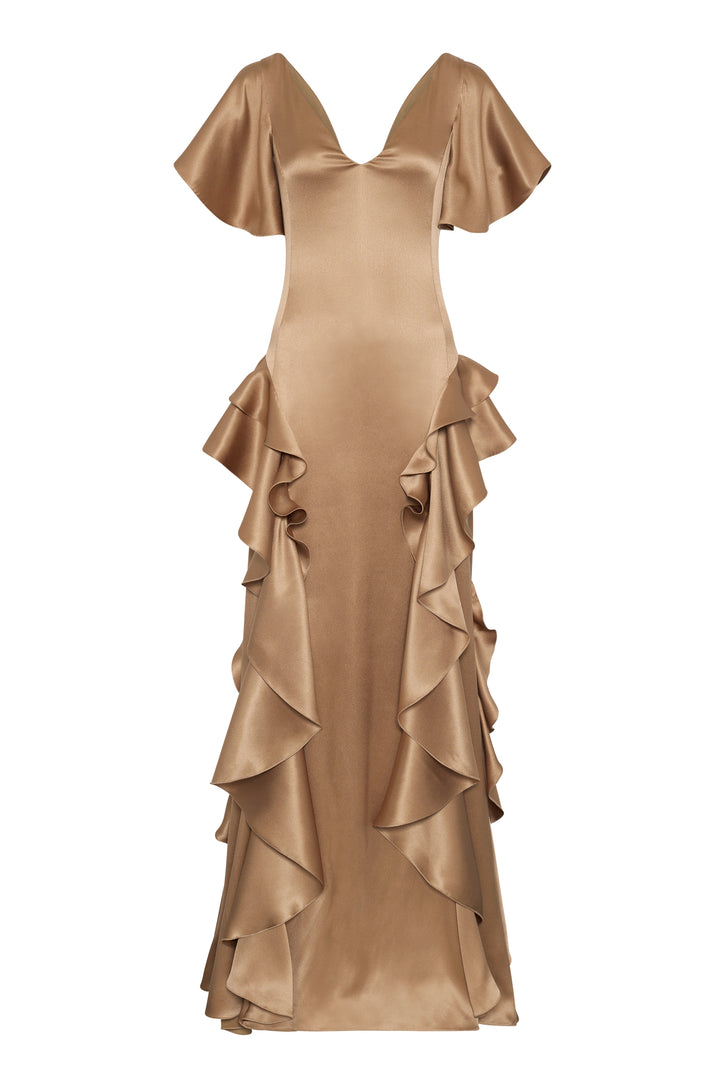 Spiral Ruffles Dress in Camel Silk Satin