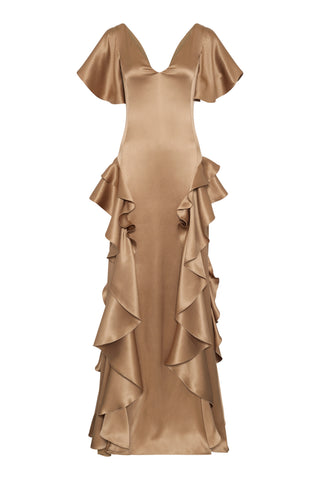 Spiral Ruffles Dress in Camel Silk Satin