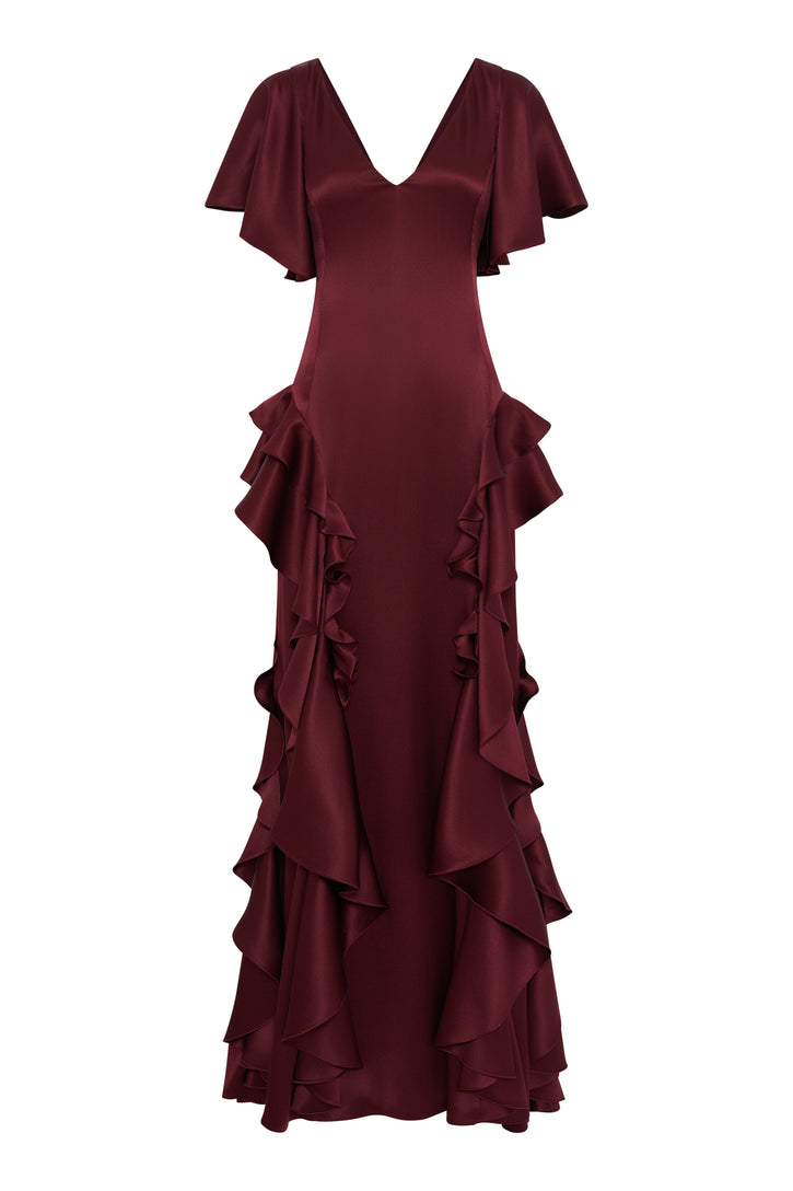 Spiral Ruffles Dress in Bordeaux Silk Satin