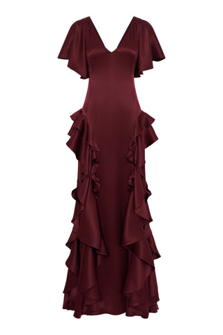 Spiral Ruffles Dress in Bordeaux Silk Satin