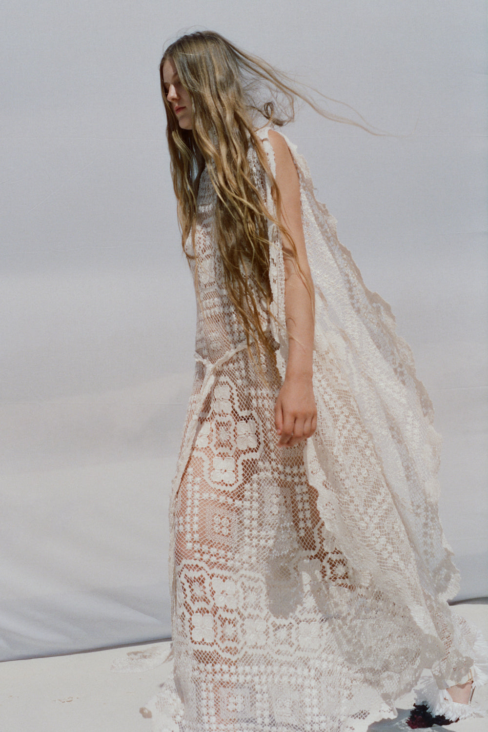 Clarus Dress in White Needlework Silk