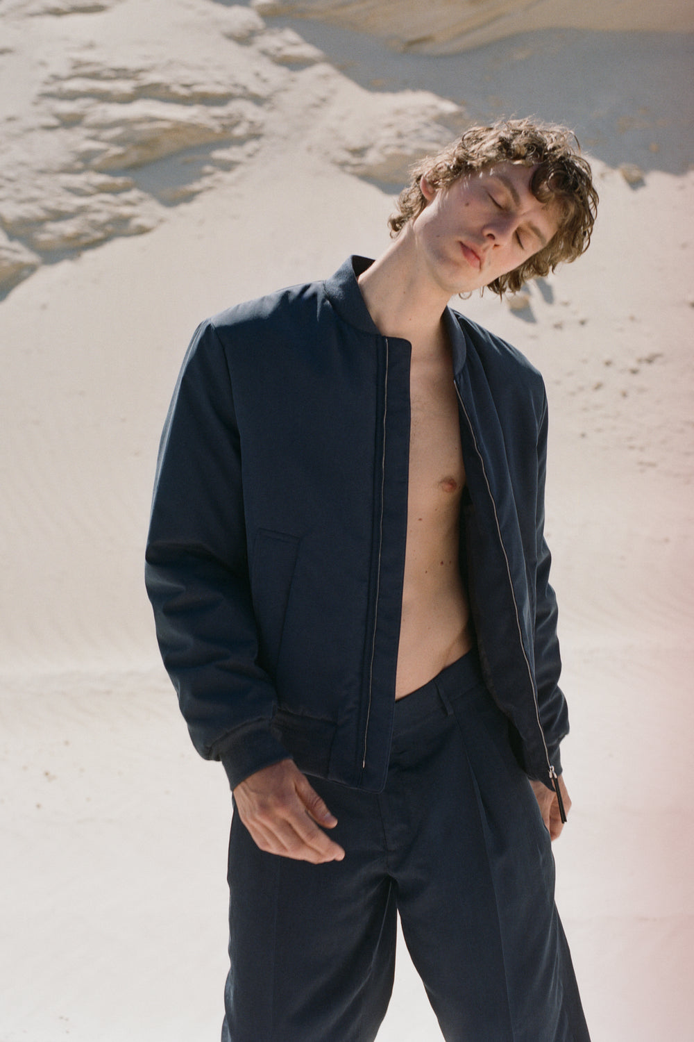 Josh Bomber Jacket in Dark Navy Washed Silk