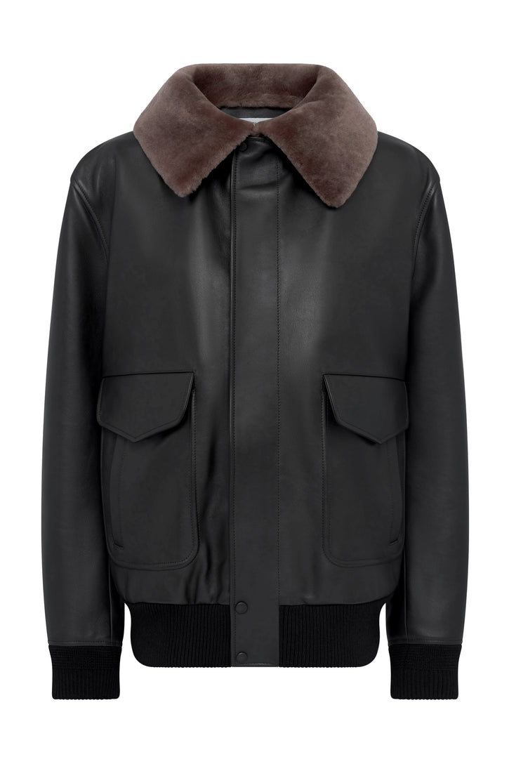 Grant Bomber Jacket in Black Leather with Shearling Collar