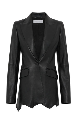 Black Lamb Leather Sybel Raw Cut Blazer - Flat Front View, Undulating Hem | Gabriela Hearst