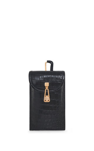 Black Crocodile Leather Sunglasses Pouch - Front View with Gold Hardware | Gabriela Hearst