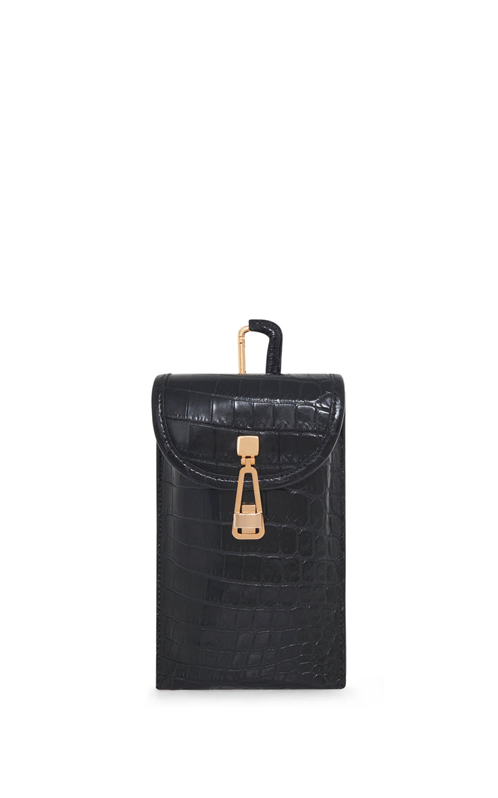 Medium Leonora Flap Bag in Black Crocodile Leather with Sunglasses Pouch
