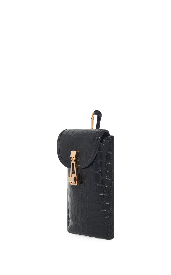 Medium Leonora Flap Bag in Black Crocodile Leather with Sunglasses Pouch