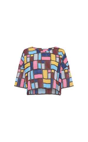 Tatia Patchwork Embroidered Cropped Top in Aurora Multi Linen