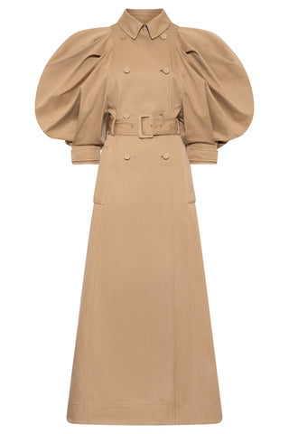 Camel Sea Island Cotton Aeon Puff Sleeve Trench Coat - Front Flat Lay | Gabriela Hearst