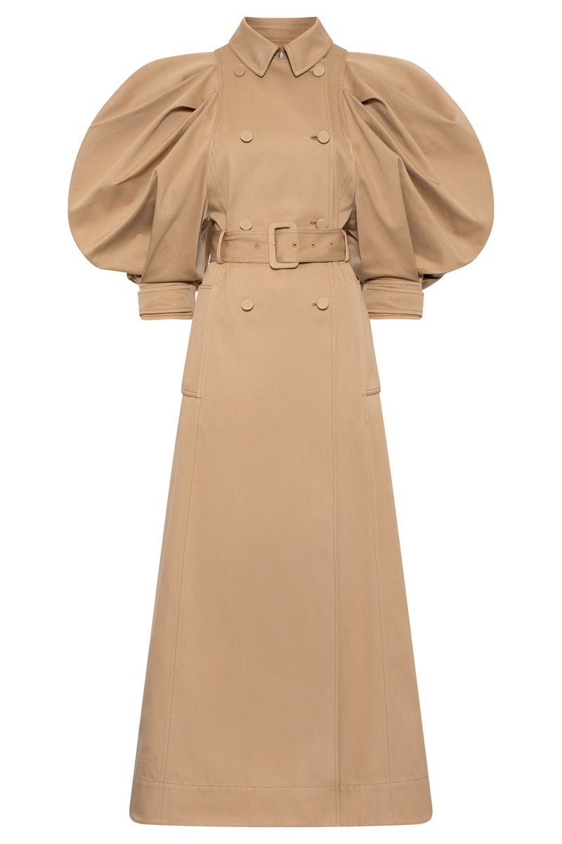 Camel Sea Island Cotton Aeon Puff Sleeve Trench Coat - Front Flat Lay | Gabriela Hearst